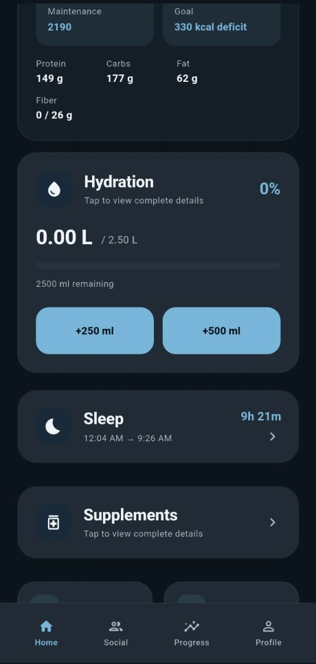 CUT & CLEAR mobile app home dashboard displaying nutrition targets, hydration progress, sleep data and supplement tracking